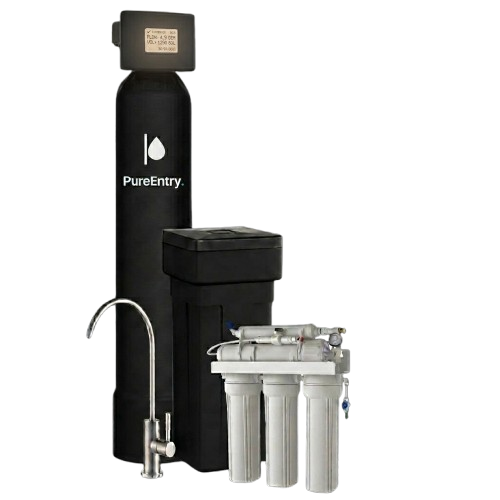 Complete PureEntry system showing whole house water softener, reverse osmosis unit, and brushed nickel faucet